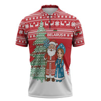 Belarus Christmas Zipper Polo Shirt with Ded Moroz Snow Maiden Christmas Tree and Nordic Pattern Design - Wonder Print Shop