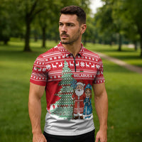 Belarus Christmas Zipper Polo Shirt with Ded Moroz Snow Maiden Christmas Tree and Nordic Pattern Design - Wonder Print Shop