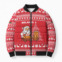 Belarus Christmas Bomber Puffer Jacket with Santa Gingerbread Playing Chess National Emblem and Nordic Pattern Design - Wonder Print Shop