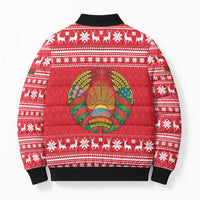 Belarus Christmas Bomber Puffer Jacket with Santa Gingerbread Playing Chess National Emblem and Nordic Pattern Design - Wonder Print Shop