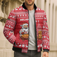 Belarus Christmas Bomber Puffer Jacket with Santa Gingerbread Playing Chess National Emblem and Nordic Pattern Design - Wonder Print Shop