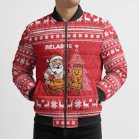 Belarus Christmas Bomber Puffer Jacket with Santa Gingerbread Playing Chess National Emblem and Nordic Pattern Design - Wonder Print Shop