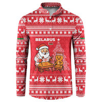Belarus Christmas Button Sweatshirt with Santa Gingerbread Playing Chess National Emblem and Nordic Pattern Design - Wonder Print Shop