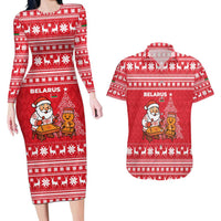 Belarus Christmas Couples Matching Long Sleeve Bodycon Dress and Hawaiian Shirt with Santa Gingerbread Playing Chess National Emblem and Nordic Pattern Design - Wonder Print Shop