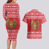 Belarus Christmas Couples Matching Long Sleeve Bodycon Dress and Hawaiian Shirt with Santa Gingerbread Playing Chess National Emblem and Nordic Pattern Design - Wonder Print Shop