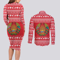 Belarus Christmas Couples Matching Long Sleeve Bodycon Dress and Long Sleeve Button Shirt with Santa Gingerbread Playing Chess National Emblem and Nordic Pattern Design - Wonder Print Shop