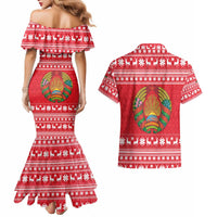 Belarus Christmas Couples Matching Mermaid Dress and Hawaiian Shirt with Santa Gingerbread Playing Chess National Emblem and Nordic Pattern Design - Wonder Print Shop