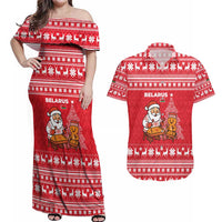 Belarus Christmas Couples Matching Off Shoulder Maxi Dress and Hawaiian Shirt with Santa Gingerbread Playing Chess National Emblem and Nordic Pattern Design - Wonder Print Shop