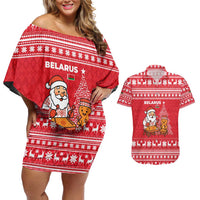 Belarus Christmas Couples Matching Off Shoulder Short Dress and Hawaiian Shirt with Santa Gingerbread Playing Chess National Emblem and Nordic Pattern Design - Wonder Print Shop