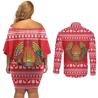 Belarus Christmas Couples Matching Off Shoulder Short Dress and Long Sleeve Button Shirt with Santa Gingerbread Playing Chess National Emblem and Nordic Pattern Design - Wonder Print Shop