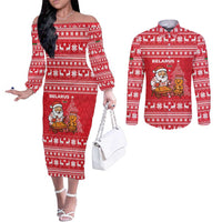 Belarus Christmas Couples Matching Off The Shoulder Long Sleeve Dress and Long Sleeve Button Shirt with Santa Gingerbread Playing Chess National Emblem and Nordic Pattern Design - Wonder Print Shop