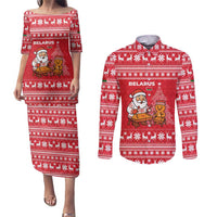 Belarus Christmas Couples Matching Puletasi and Long Sleeve Button Shirt with Santa Gingerbread Playing Chess National Emblem and Nordic Pattern Design - Wonder Print Shop