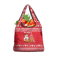 Belarus Christmas Grocery Bag with Santa Gingerbread Playing Chess National Emblem and Nordic Pattern Design - Wonder Print Shop