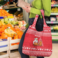 Belarus Christmas Grocery Bag with Santa Gingerbread Playing Chess National Emblem and Nordic Pattern Design - Wonder Print Shop