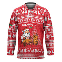 Belarus Christmas Hockey Jersey with Santa Gingerbread Playing Chess National Emblem and Nordic Pattern Design - Wonder Print Shop