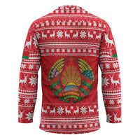 Belarus Christmas Hockey Jersey with Santa Gingerbread Playing Chess National Emblem and Nordic Pattern Design - Wonder Print Shop