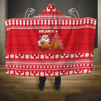 Belarus Christmas Hooded Blanket with Santa Gingerbread Playing Chess National Emblem and Nordic Pattern Design - Wonder Print Shop