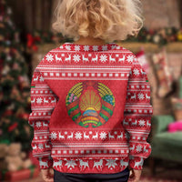 Belarus Christmas Kid Ugly Christmas Sweater with Santa Gingerbread Playing Chess National Emblem and Nordic Pattern Design - Wonder Print Shop