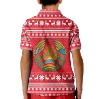 Belarus Christmas Kid Polo Shirt with Santa Gingerbread Playing Chess National Emblem and Nordic Pattern Design - Wonder Print Shop