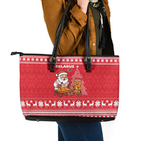 Belarus Christmas Leather Tote Bag with Santa Gingerbread Playing Chess National Emblem and Nordic Pattern Design - Wonder Print Shop