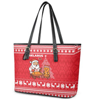 Belarus Christmas Leather Tote Bag with Santa Gingerbread Playing Chess National Emblem and Nordic Pattern Design - Wonder Print Shop