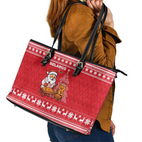 Belarus Christmas Leather Tote Bag with Santa Gingerbread Playing Chess National Emblem and Nordic Pattern Design - Wonder Print Shop