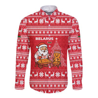 Belarus Christmas Long Sleeve Button Shirt with Santa Gingerbread Playing Chess National Emblem and Nordic Pattern Design - Wonder Print Shop