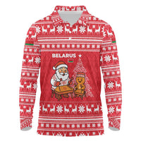Belarus Christmas Long Sleeve Polo Shirt with Santa Gingerbread Playing Chess National Emblem and Nordic Pattern Design - Wonder Print Shop