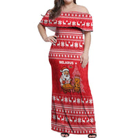 Belarus Christmas Off Shoulder Maxi Dress with Santa Gingerbread Playing Chess National Emblem and Nordic Pattern Design - Wonder Print Shop