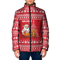 Belarus Christmas Padded Jacket with Santa Gingerbread Playing Chess National Emblem and Nordic Pattern Design - Wonder Print Shop