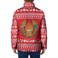 Belarus Christmas Padded Jacket with Santa Gingerbread Playing Chess National Emblem and Nordic Pattern Design - Wonder Print Shop