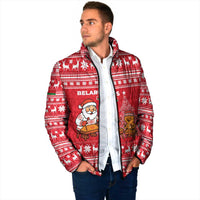 Belarus Christmas Padded Jacket with Santa Gingerbread Playing Chess National Emblem and Nordic Pattern Design - Wonder Print Shop