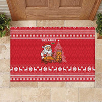 Belarus Christmas Rubber Doormat with Santa Gingerbread Playing Chess National Emblem and Nordic Pattern Design - Wonder Print Shop