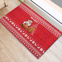 Belarus Christmas Rubber Doormat with Santa Gingerbread Playing Chess National Emblem and Nordic Pattern Design - Wonder Print Shop