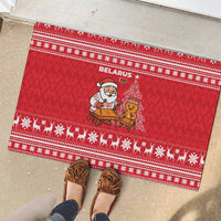 Belarus Christmas Rubber Doormat with Santa Gingerbread Playing Chess National Emblem and Nordic Pattern Design - Wonder Print Shop
