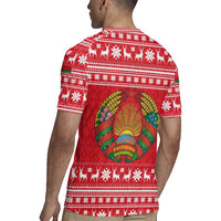 Belarus Christmas Rugby Jersey with Santa Gingerbread Playing Chess National Emblem and Nordic Pattern Design - Wonder Print Shop