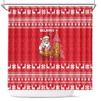 Belarus Christmas Shower Curtain with Santa Gingerbread Playing Chess National Emblem and Nordic Pattern Design - Wonder Print Shop