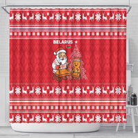 Belarus Christmas Shower Curtain with Santa Gingerbread Playing Chess National Emblem and Nordic Pattern Design - Wonder Print Shop
