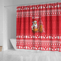 Belarus Christmas Shower Curtain with Santa Gingerbread Playing Chess National Emblem and Nordic Pattern Design - Wonder Print Shop