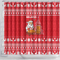 Belarus Christmas Shower Curtain with Santa Gingerbread Playing Chess National Emblem and Nordic Pattern Design - Wonder Print Shop