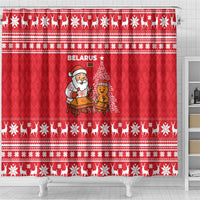 Belarus Christmas Shower Curtain with Santa Gingerbread Playing Chess National Emblem and Nordic Pattern Design - Wonder Print Shop