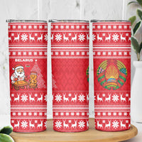 Belarus Christmas Skinny Tumbler with Santa Gingerbread Playing Chess National Emblem and Nordic Pattern Design - Wonder Print Shop