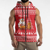 Belarus Christmas Sleeveless Zip Hoodie with Santa Gingerbread Playing Chess National Emblem and Nordic Pattern Design - Wonder Print Shop