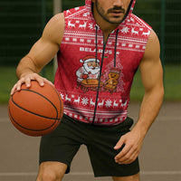 Belarus Christmas Sleeveless Zip Hoodie with Santa Gingerbread Playing Chess National Emblem and Nordic Pattern Design - Wonder Print Shop