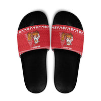 Belarus Christmas Slide Sandals with Santa Gingerbread Playing Chess National Emblem and Nordic Pattern Design - Wonder Print Shop