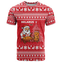 Belarus Christmas T Shirt with Santa Gingerbread Playing Chess National Emblem and Nordic Pattern Design - Wonder Print Shop