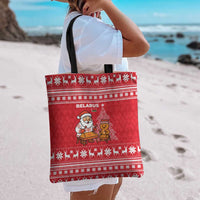 Belarus Christmas Tote Bag with Santa Gingerbread Playing Chess National Emblem and Nordic Pattern Design - Wonder Print Shop