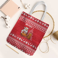 Belarus Christmas Tote Bag with Santa Gingerbread Playing Chess National Emblem and Nordic Pattern Design - Wonder Print Shop