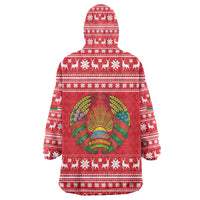 Belarus Christmas Wearable Blanket Hoodie with Santa Gingerbread Playing Chess National Emblem and Nordic Pattern Design - Wonder Print Shop