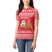 Belarus Christmas Women Polo Shirt with Santa Gingerbread Playing Chess National Emblem and Nordic Pattern Design - Wonder Print Shop